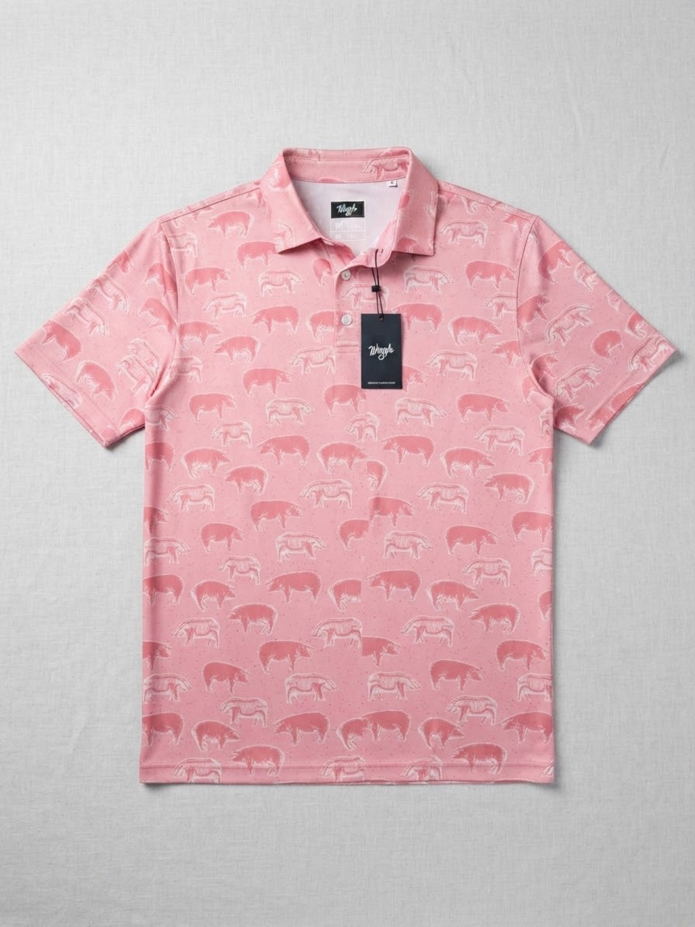 NWT Waggle Golf Polo Shirt Men's Size Medium Pink Pig Print Animal Print